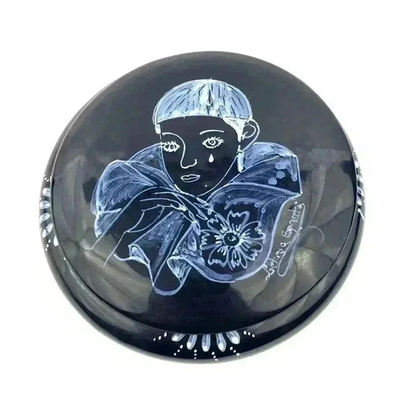 VTG Ceramic Trinket Box Round Lid Unknown Artist 5" Wide Dark Blue Hand Painted - Picture 1 of 13